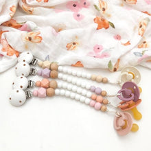 Load image into Gallery viewer, White/Lilac Scandi Silicone Dummy Holder (preorder due feb) - Green Lily