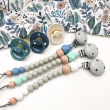 Load image into Gallery viewer, Grey/Mint Scandi Silicone Dummy Holder (preorder due feb) - Green Lily