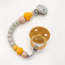Load image into Gallery viewer, Grey/Mustard Scandi Silicone Dummy Holder (preorder due feb) - Green Lily