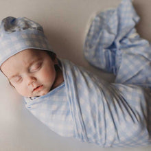 Load image into Gallery viewer, Snuggly Jacks - Cornflower Gingham Jersey Swaddle Stretch Wrap & Beanie