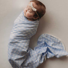 Load image into Gallery viewer, Snuggly Jacks - Cornflower Gingham Jersey Swaddle Stretch Wrap & Beanie