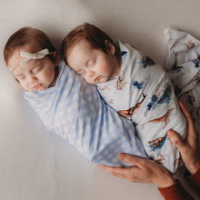 Load image into Gallery viewer, Snuggly Jacks - Cornflower Gingham Jersey Swaddle Stretch Wrap & Beanie