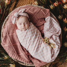 Load image into Gallery viewer, Snuggly Jacks - Peachy Pink Gingham Jersey Swaddle Stretch Wrap & Top Knot