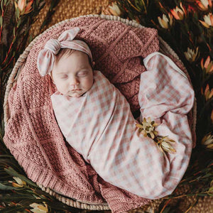 Snuggly Jacks - Peachy Pink Gingham Jersey Swaddle Stretch Wrap & Top Knot