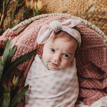 Load image into Gallery viewer, Snuggly Jacks - Peachy Pink Gingham Jersey Swaddle Stretch Wrap & Top Knot