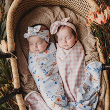 Load image into Gallery viewer, Snuggly Jacks - Peachy Pink Gingham Jersey Swaddle Stretch Wrap & Top Knot