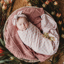 Load image into Gallery viewer, Snuggly Jacks - Peachy Pink Gingham Jersey Swaddle Stretch Wrap & Top Knot