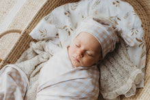 Load image into Gallery viewer, Snuggly Jacks - Sand Gingham Jersey Swaddle Stretch Wrap & Beanie Set