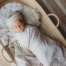Load image into Gallery viewer, Snuggly Jacks - Sand Gingham Jersey Swaddle Stretch Wrap & Beanie Set