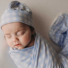 Load image into Gallery viewer, Snuggly Jacks - Cornflower Gingham Jersey Swaddle Stretch Wrap & Beanie