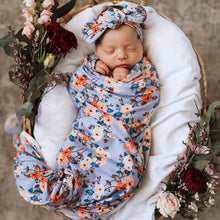 Load image into Gallery viewer, Vintage Blossom l Baby Jersey Wrap &amp; Topknot Set - Snugge Hunny Kids - Green Lily 
