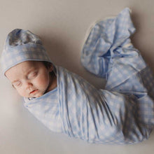 Load image into Gallery viewer, Snuggly Jacks - Cornflower Gingham Jersey Swaddle Stretch Wrap &amp; Beanie
