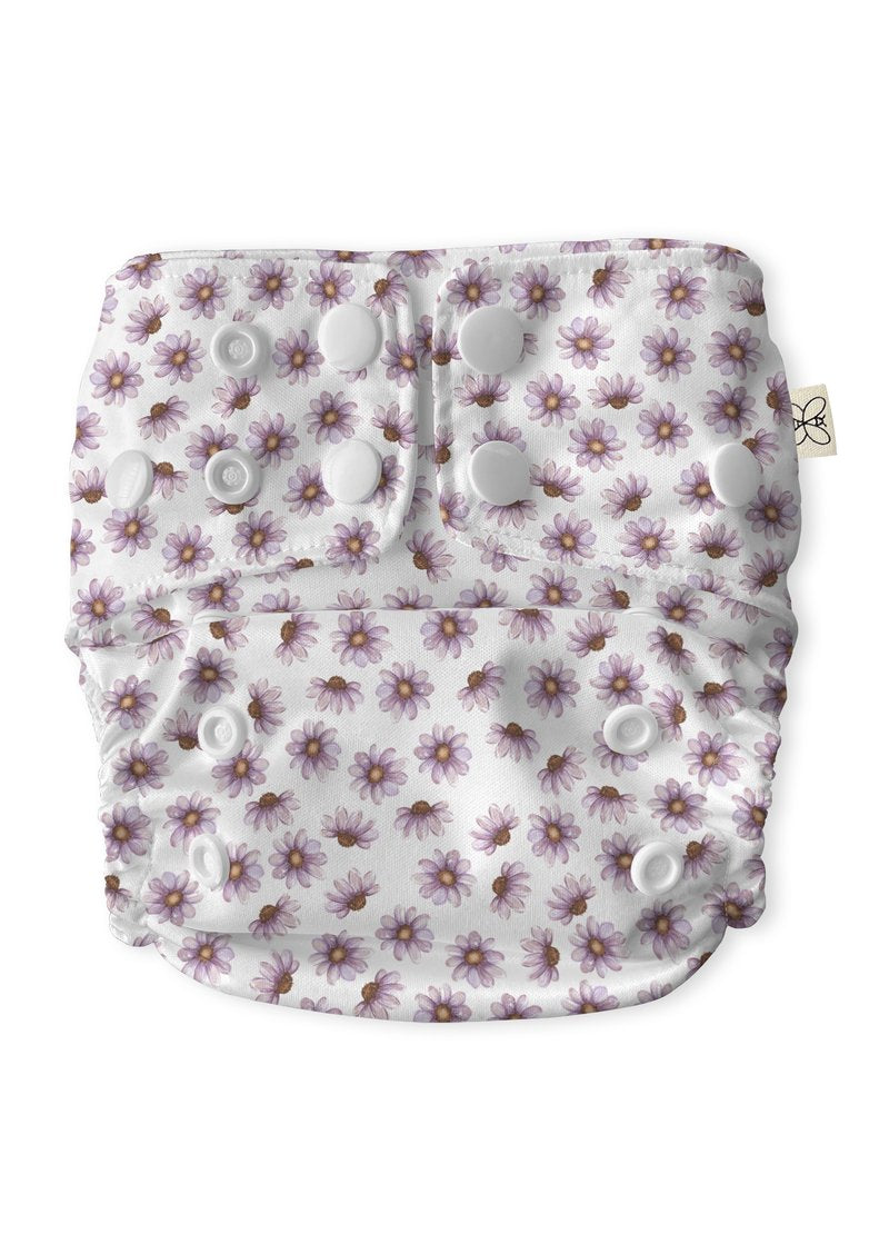 MODERN CLOTH NAPPY - LILAC MEADOW white snaps - The Bebe Hive