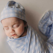 Load image into Gallery viewer, Snuggly Jacks - Cornflower Gingham Jersey Swaddle Stretch Wrap &amp; Beanie
