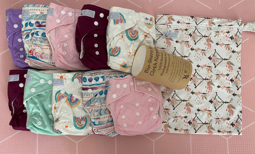 My Little Gumnut Starter Pack - 10 nappies + wet bag + bio liners - Green Lily 