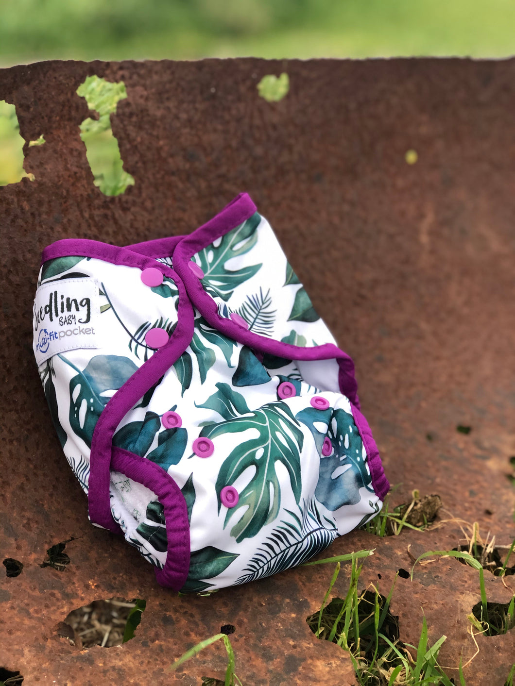 Seedling Baby - Multi-Fit Pocket Nappy - Tropical Amethyst - Green Lily 