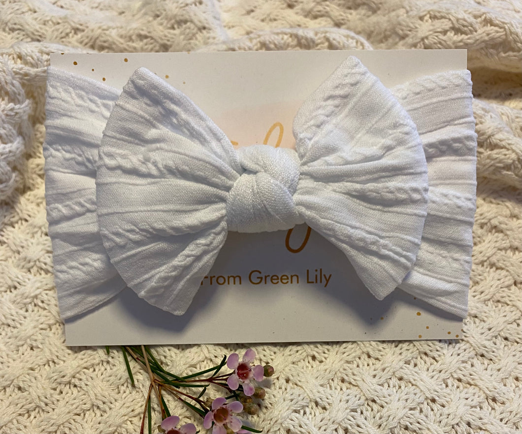 Green Lily wide bow stretchy headband - WHITE
